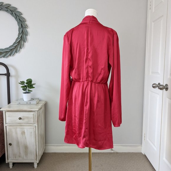 Pink Pleated Faux Wrap Dress - Satin - Size M - Picture 3 of 4